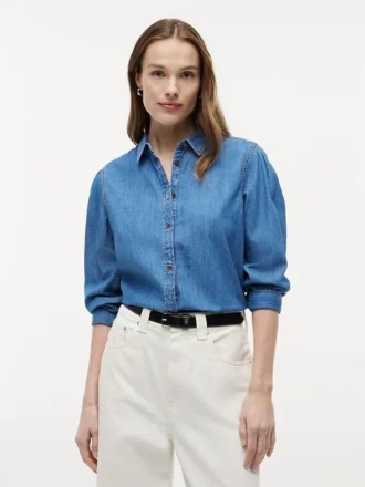 Camicia in chambray con maniche a sbuffo