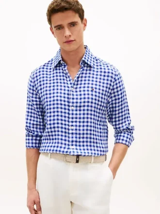Camicia in lino a quadretti, vestibilità regolare
