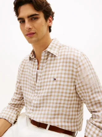 Camicia in lino a quadretti, vestibilità regolare