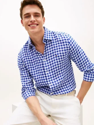 Camicia in lino a quadretti, vestibilità regolare