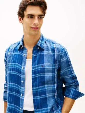 Camicia in lino a quadri Madras dalla vestibilità regolare