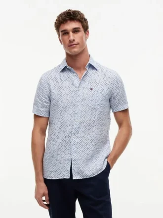 Camicia in lino con stampa velisti, vestibilità regolare