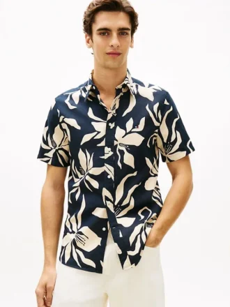 Camicia in misto cotone e lino con stampa tropicale