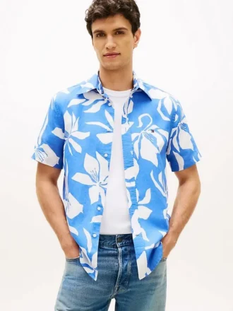Camicia in misto cotone e lino con stampa tropicale