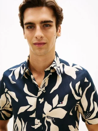 Camicia in misto cotone e lino con stampa tropicale