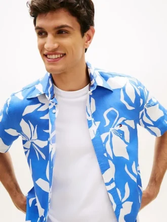 Camicia in misto cotone e lino con stampa tropicale