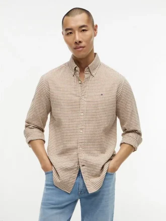 Camicia in misto lino a quadretti, vestibilità regolare