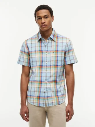 Camicia in misto lino a quadri, vestibilità regolare