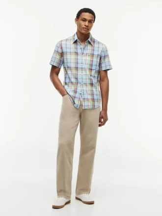 Camicia in misto lino a quadri, vestibilità regolare