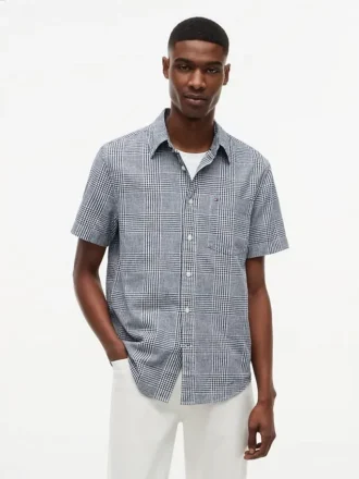 Camicia in misto lino con motivo Glen Plaid, vestibilità regolare
