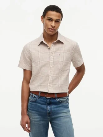 Camicia in misto lino con motivo Glen Plaid, vestibilità regolare