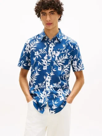 Camicia in misto lino con stampa tropicale