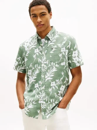 Camicia in misto lino con stampa tropicale