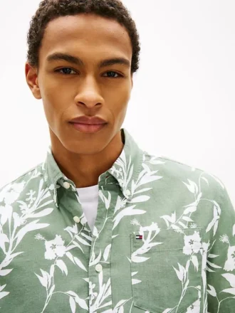 Camicia in misto lino con stampa tropicale