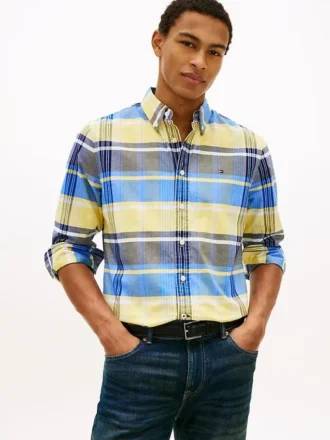 Camicia in tessuto Oxford elasticizzato a quadri, vestibilità regolare