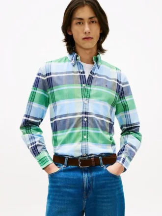 Camicia in tessuto Oxford elasticizzato a quadri, vestibilità regolare