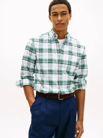 Camicia in tessuto Oxford elasticizzato a quadri, vestibilità regolare