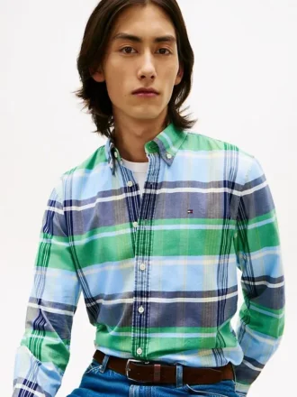 Camicia in tessuto Oxford elasticizzato a quadri, vestibilità regolare