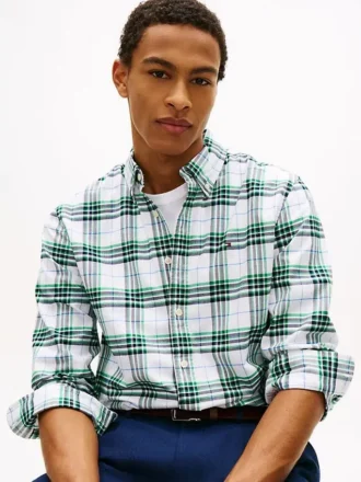 Camicia in tessuto Oxford elasticizzato a quadri, vestibilità regolare