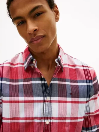 Camicia in tessuto Oxford elasticizzato a quadri, vestibilità regolare