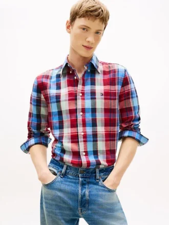 Camicia Regular in misto lino a quadri Madras
