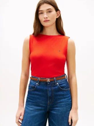 Canotta slim fit a scollo barchetta in maglia a costine