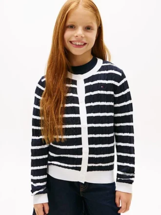 Cardigan a righe con lavorazione a trecce per bambina