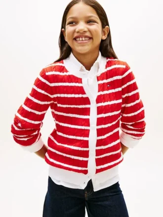 Cardigan a righe con lavorazione a trecce per bambina