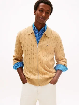 Cardigan polo con zip a maglia intrecciata Cardigan polo con zip a maglia intrecciata