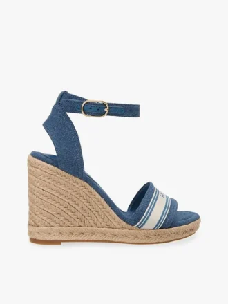 Espadrillas con zeppa in denim e logo in fettuccia