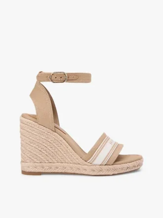 Espadrillas con zeppa in denim e logo in fettuccia