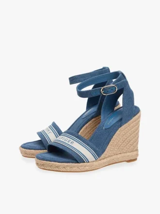 Espadrillas con zeppa in denim e logo in fettuccia