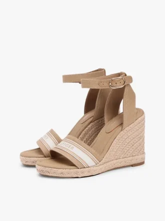 Espadrillas con zeppa in denim e logo in fettuccia