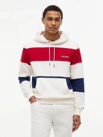 Felpa con cappuccio a righe tricolori e interno spazzolato