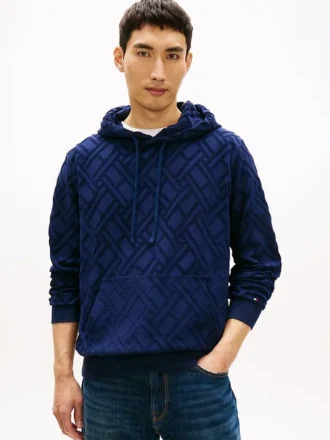 Felpa con cappuccio in jacquard di velluto con logo bandiera su tutta la superficie