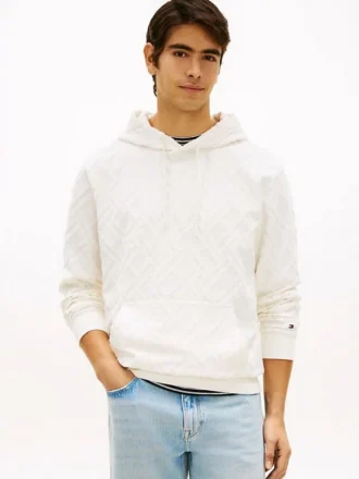 Felpa con cappuccio in jacquard di velluto con logo bandiera su tutta la superficie