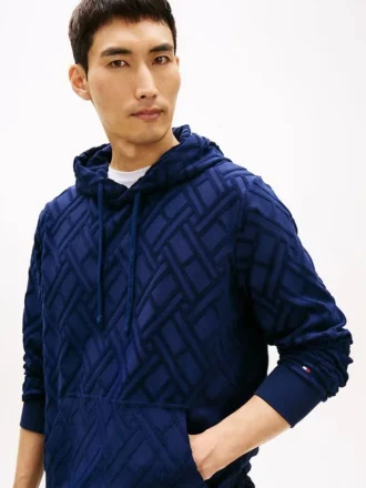 Felpa con cappuccio in jacquard di velluto con logo bandiera su tutta la superficie
