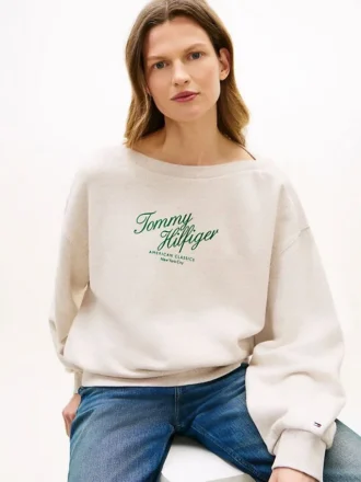 Felpa con logo in script e scollo a barchetta