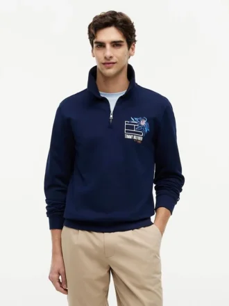 Felpa polo con logo floreale e zip a un quarto