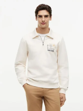 Felpa polo con logo floreale e zip a un quarto