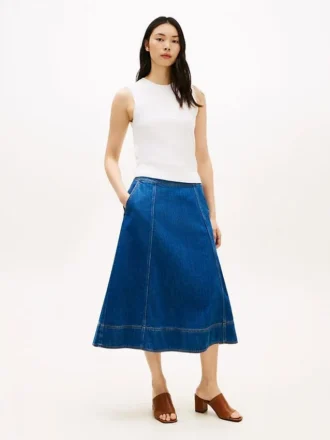 Gonna midi svasata in denim a vita alta