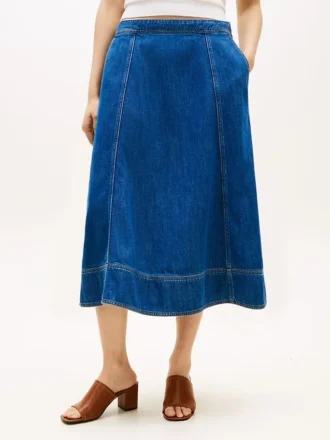 Gonna midi svasata in denim a vita alta