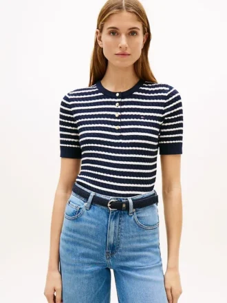 Maglia Henley a righe con lavorazione a trecce a maniche corte