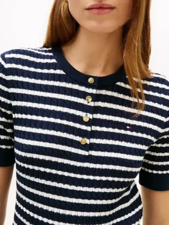 Maglia Henley a righe con lavorazione a trecce a maniche corte