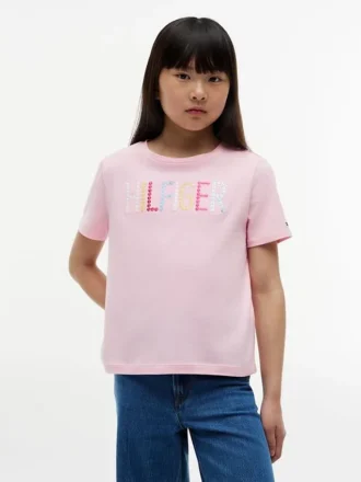 Maglietta con logo Hilfiger in paillettes per bambini