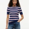 Maglione a righe con lavorazione a trecce a maniche corte Maglione a righe con lavorazione a trecce a maniche corte