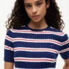 Maglione a righe con lavorazione a trecce a maniche corte Maglione a righe con lavorazione a trecce a maniche corte