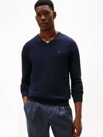 Maglione a V con logo in tinta unita
