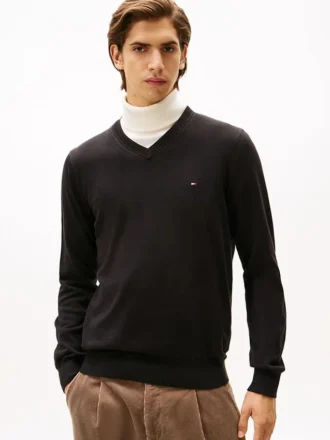 Maglione a V con logo in tinta unita
