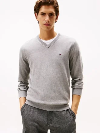 Maglione a V con logo in tinta unita